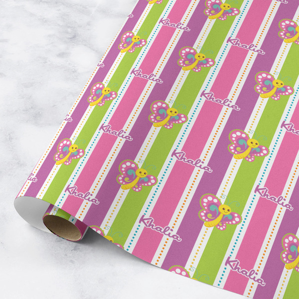 Custom Butterflies & Stripes Wrapping Paper Roll - Medium - Matte (Personalized)