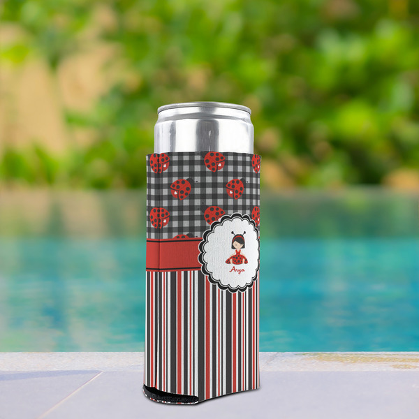 Ladybugs & Stripes Can Cooler - Tall 12oz - In Context