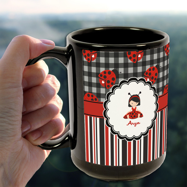 Ladybugs & Stripes 15oz. Black Mug - LIFESTYLE