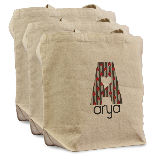 Ladybugs & Stripes 3 Reusable Cotton Grocery Bags - Front View
