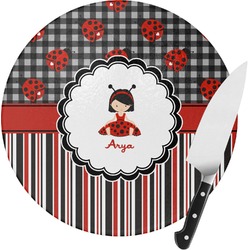 Ladybugs & Stripes Round Glass Cutting Board - Small (Personalized)