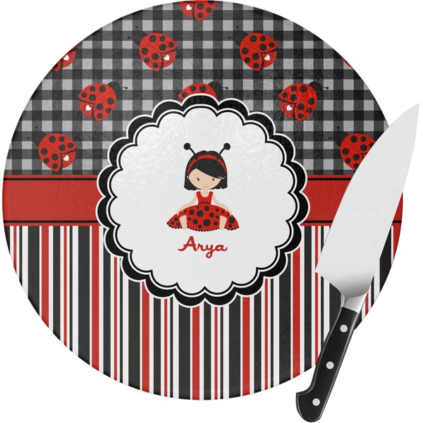 Custom Ladybugs & Stripes Round Glass Cutting Board - Small (Personalized)