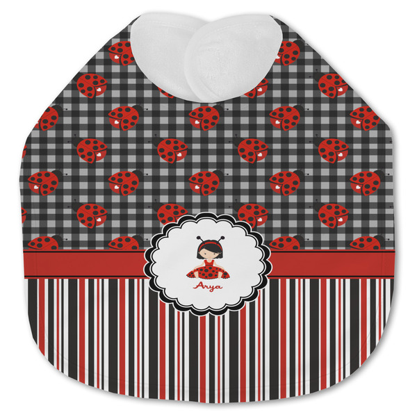 Custom Ladybugs & Stripes Jersey Knit Baby Bib w/ Name or Text