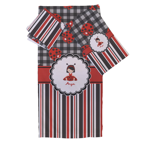 Custom Ladybugs & Stripes Bath Towel Set - 3 Pcs (Personalized)