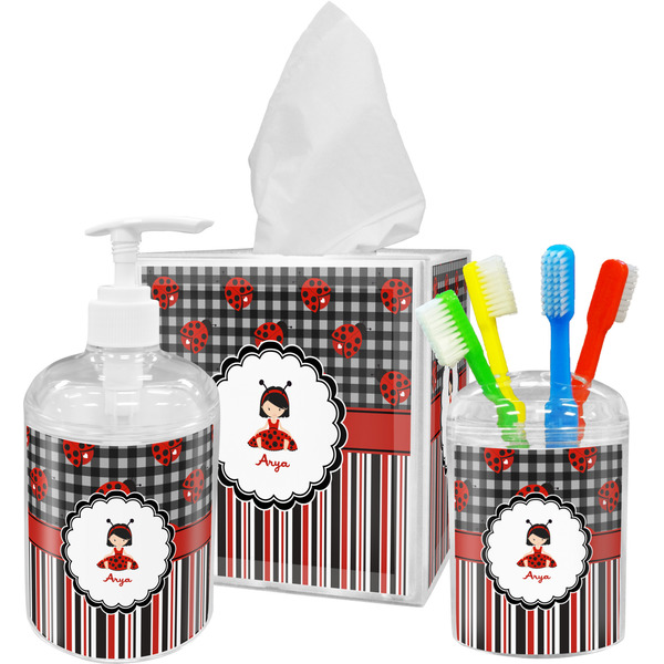 Custom Ladybugs & Stripes Acrylic Bathroom Accessories Set w/ Name or Text