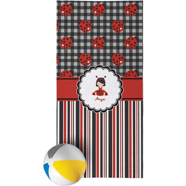 Custom Ladybugs & Stripes Beach Towel (Personalized)