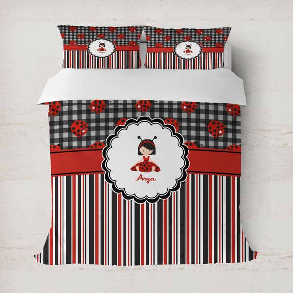 Custom Ladybugs & Stripes Duvet Cover Set - Full / Queen (Personalized)