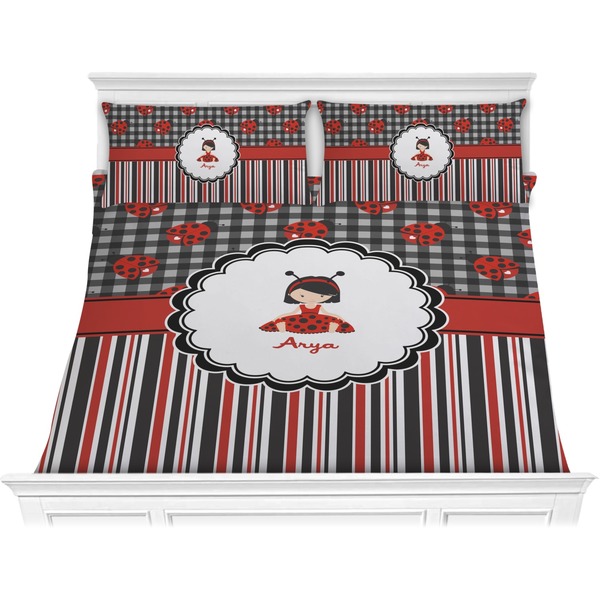 Custom Ladybugs & Stripes Comforter Set - King (Personalized)