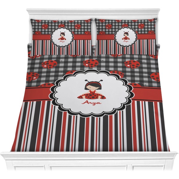 Custom Ladybugs & Stripes Comforter Set - Full / Queen (Personalized)