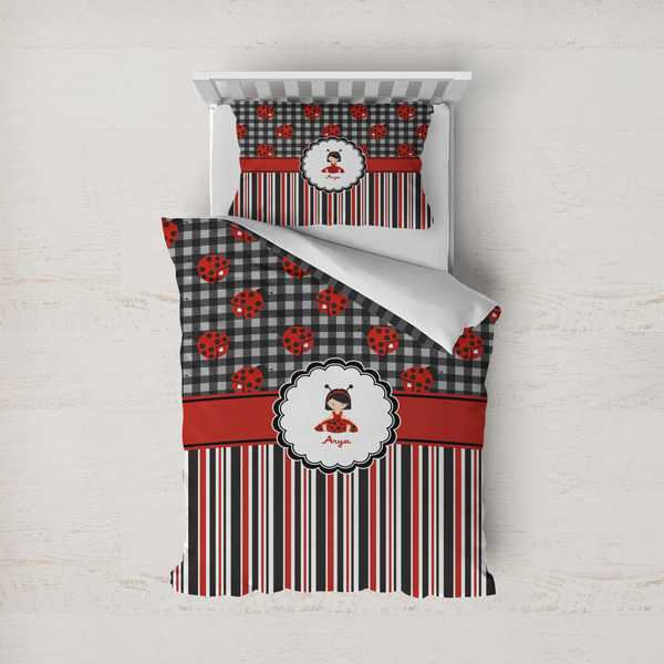 Custom Ladybugs & Stripes Duvet Cover Set - Twin (Personalized)