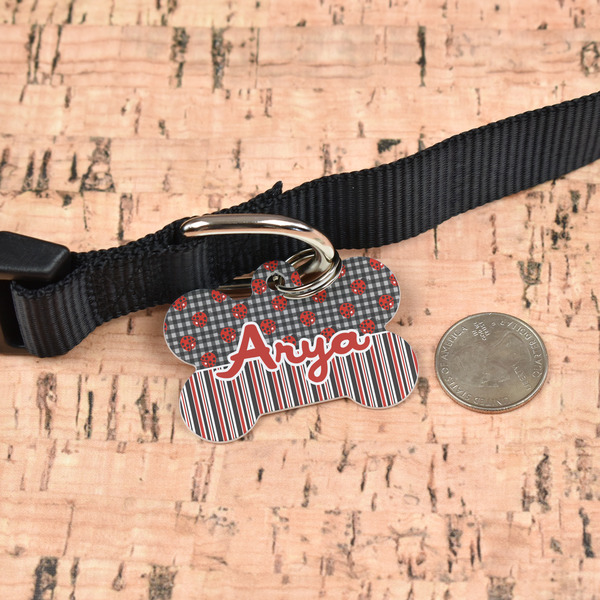 Ladybugs & Stripes Bone Shaped Dog ID Tag - Large - In Context