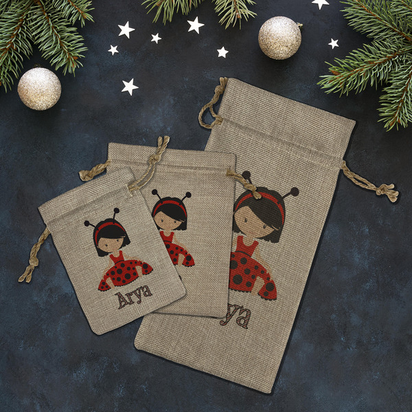 Ladybugs & Stripes Burlap Gift Bags - LIFESTYLE (Flat lay)