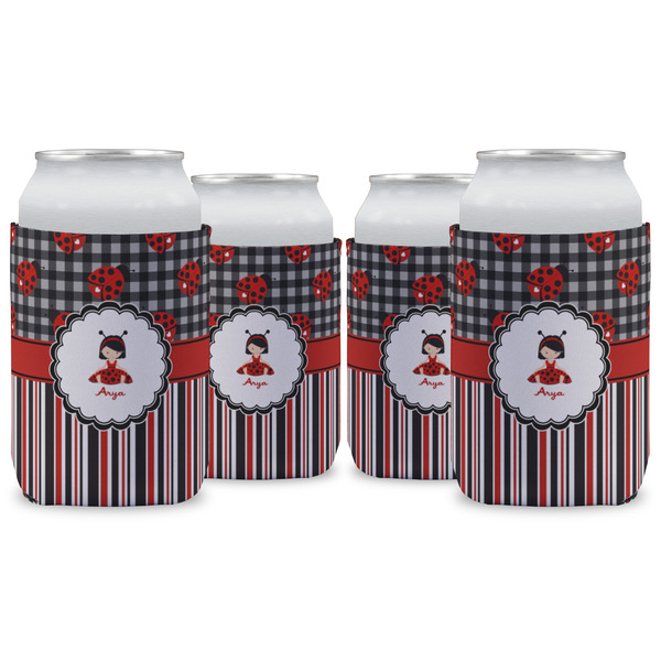 Custom Ladybugs & Stripes Can Cooler (12 oz) - Set of 4 w/ Name or Text