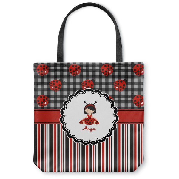 Custom Ladybugs & Stripes Canvas Tote Bag - Small - 13"x13" (Personalized)