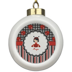 Ladybugs & Stripes Ceramic Ball Ornament (Personalized)