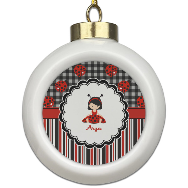 Custom Ladybugs & Stripes Ceramic Ball Ornament (Personalized)
