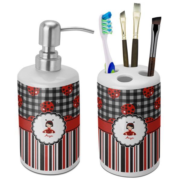 Custom Ladybugs & Stripes Ceramic Bathroom Accessories Set (Personalized)