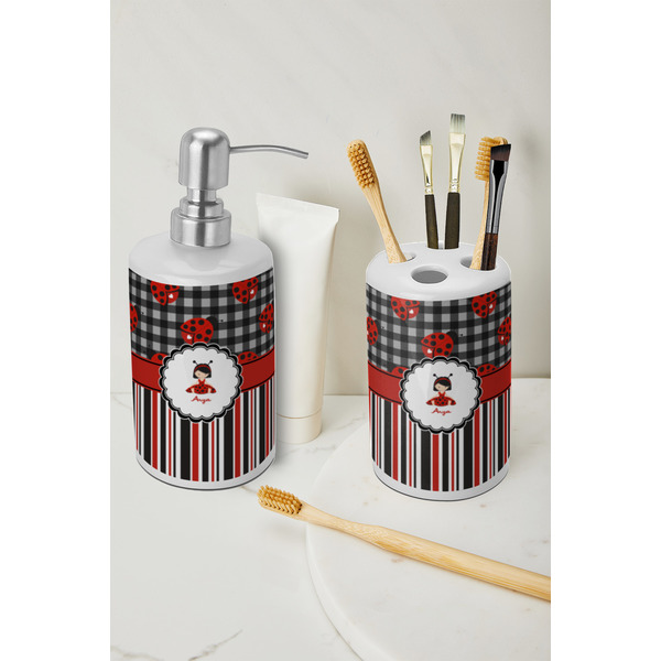 Ladybugs & Stripes Ceramic Bathroom Accessories - LIFESTYLE (toothbrush holder & soap dispenser)