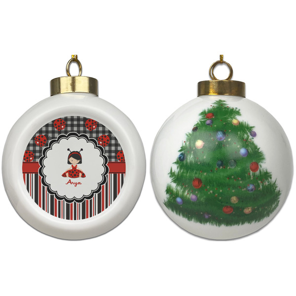 Ladybugs & Stripes Ceramic Christmas Ornament - X-Mas Tree (APPROVAL)