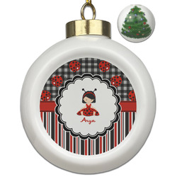 Ladybugs & Stripes Ceramic Ball Ornament - Christmas Tree (Personalized)