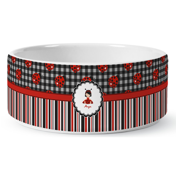 Ladybugs & Stripes Ceramic Dog Bowl - Medium - Front