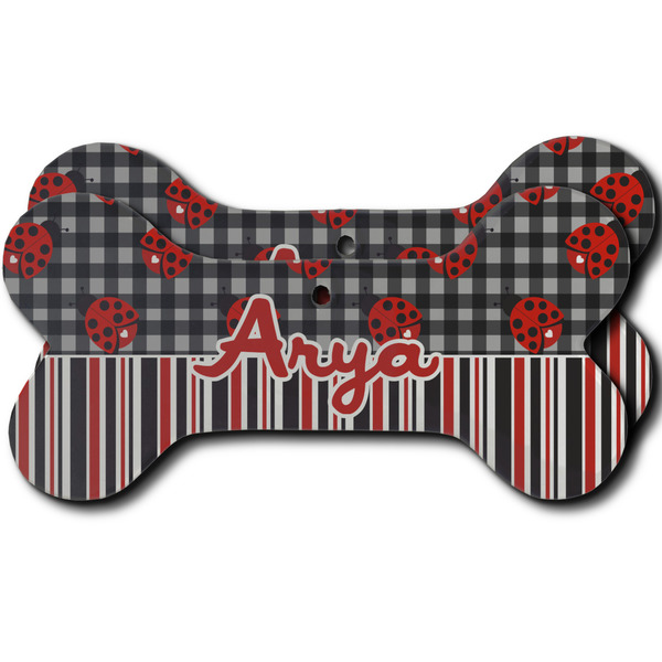 Custom Ladybugs & Stripes Ceramic Dog Ornament - Front & Back w/ Name or Text