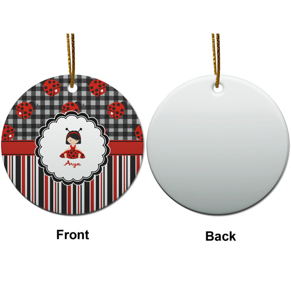Ladybugs & Stripes Ceramic Flat Ornament - Circle Front & Back (APPROVAL)