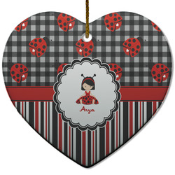 Ladybugs & Stripes Heart Ceramic Ornament w/ Name or Text