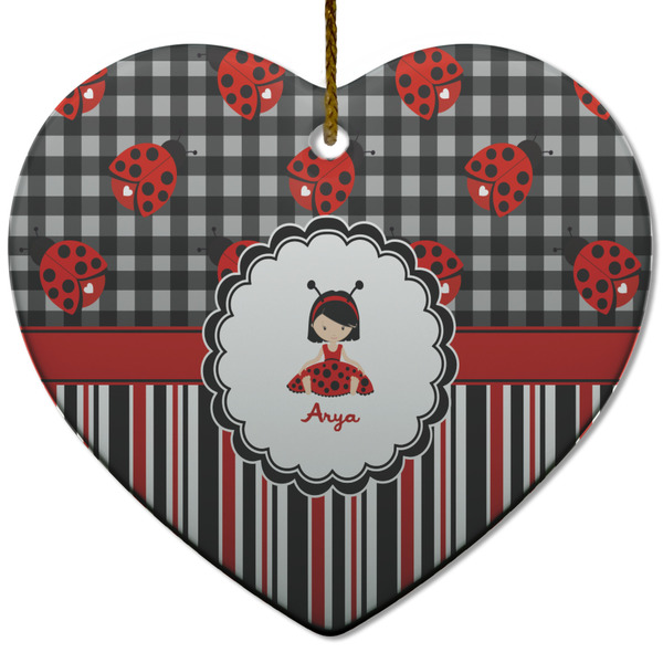 Ladybugs & Stripes Ceramic Flat Ornament - Heart (Front)