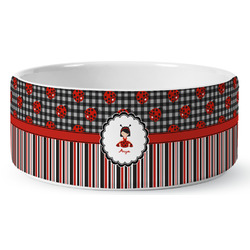 Ladybugs & Stripes Ceramic Dog Bowl (Personalized)
