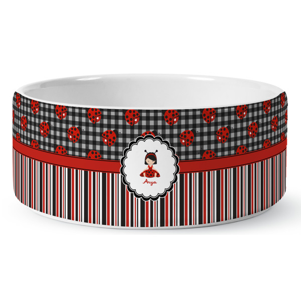 Custom Ladybugs & Stripes Ceramic Dog Bowl - Medium (Personalized)