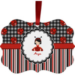 Ladybugs & Stripes Metal Frame Ornament - Double Sided w/ Name or Text
