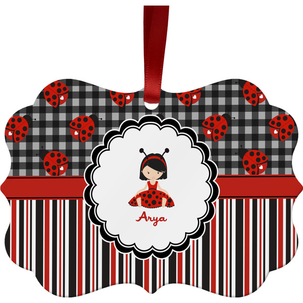 Custom Ladybugs & Stripes Metal Frame Ornament - Double Sided w/ Name or Text