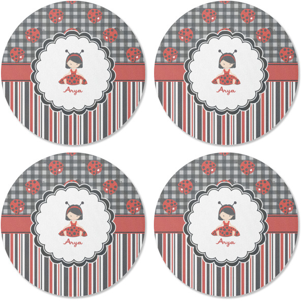 Ladybugs & Stripes Coaster Round Rubber Back - Apvl