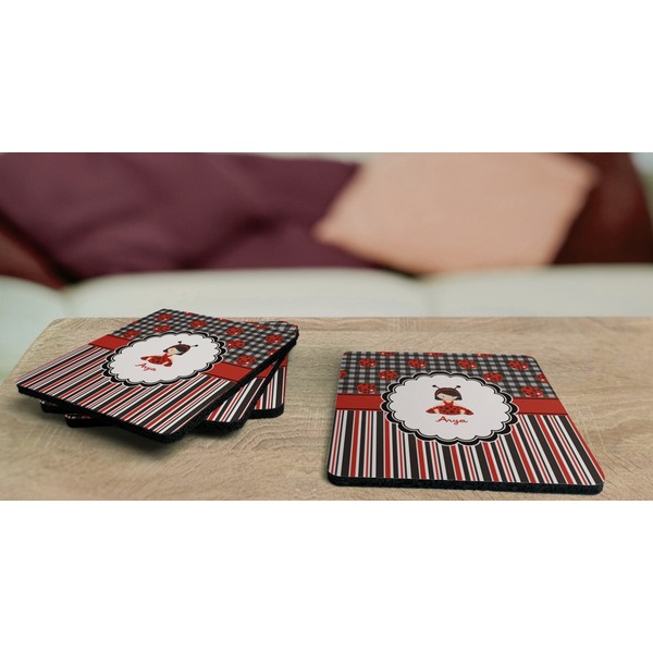 Ladybugs & Stripes Coaster Rubber Back - On Coffee Table