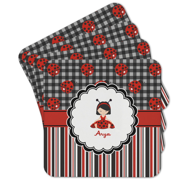 Custom Ladybugs & Stripes Cork Coaster - Set of 4 w/ Name or Text