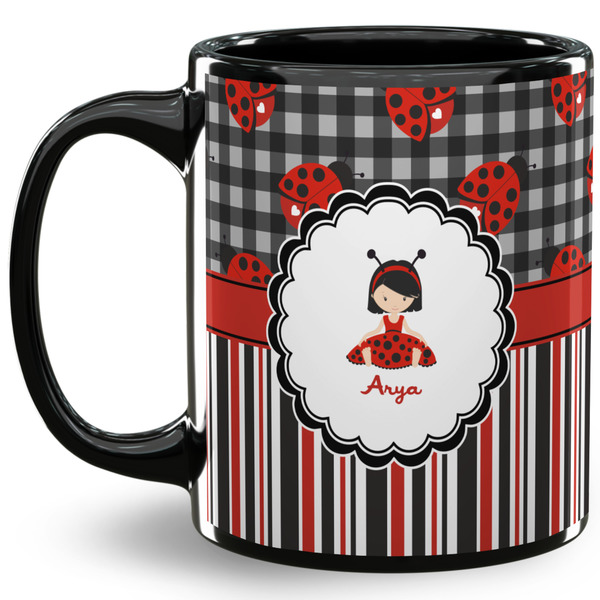 Custom Ladybugs & Stripes 11 Oz Coffee Mug - Black (Personalized)