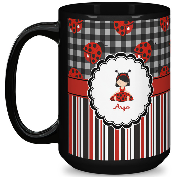 Custom Ladybugs & Stripes 15 Oz Coffee Mug - Black (Personalized)