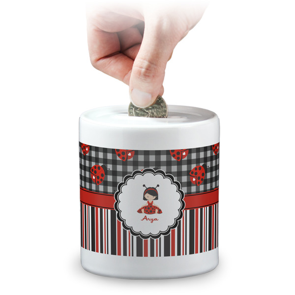 Custom Ladybugs & Stripes Coin Bank (Personalized)