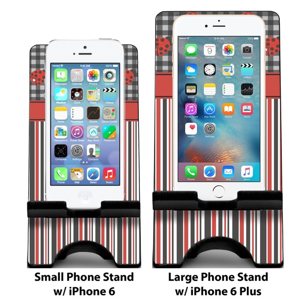 Ladybugs & Stripes Compare Phone Stand Sizes - with iPhones