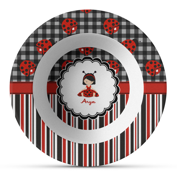 Custom Ladybugs & Stripes Plastic Bowl - Microwave Safe - Composite Polymer (Personalized)