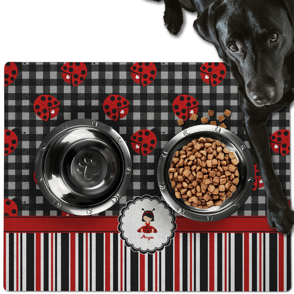 Custom Ladybugs & Stripes Dog Food Mat - Large w/ Name or Text
