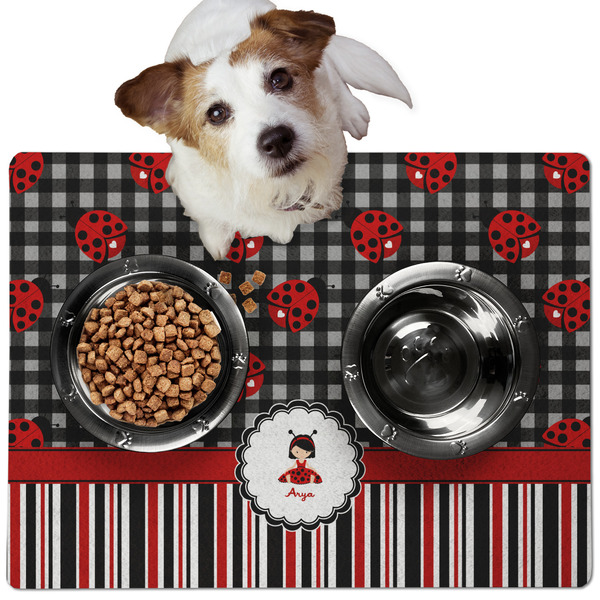 Custom Ladybugs & Stripes Dog Food Mat - Medium w/ Name or Text
