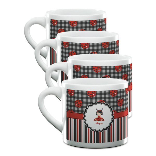 Custom Ladybugs & Stripes Double Shot Espresso Cups - Set of 4 (Personalized)