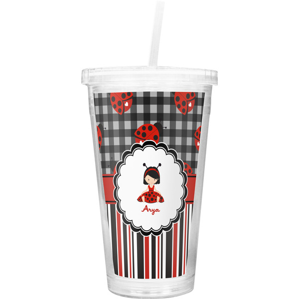 Custom Ladybugs & Stripes Double Wall Tumbler with Straw (Personalized)