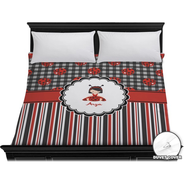Custom Ladybugs & Stripes Duvet Cover - King (Personalized)