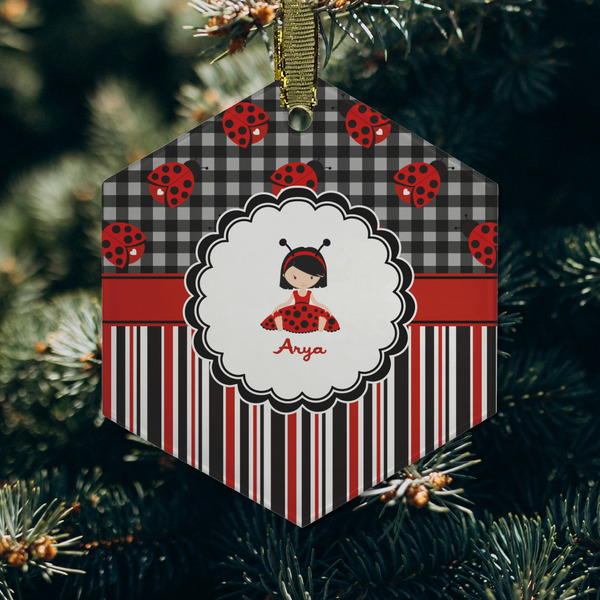 Ladybugs & Stripes Frosted Glass Ornament - Hexagon (Lifestyle)