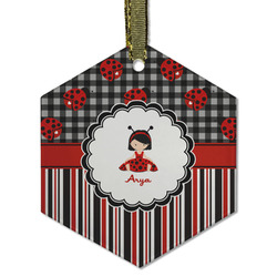Ladybugs & Stripes Flat Glass Ornament - Hexagon w/ Name or Text