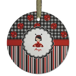 Ladybugs & Stripes Flat Glass Ornament - Round w/ Name or Text