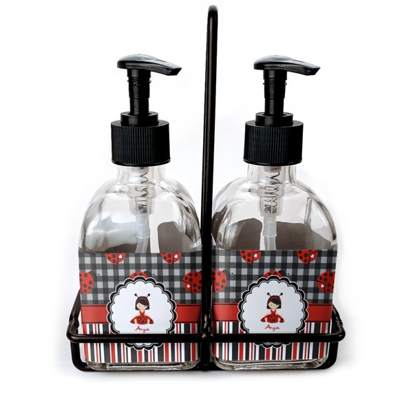 Custom Ladybugs & Stripes Glass Soap & Lotion Bottle Set (Personalized)